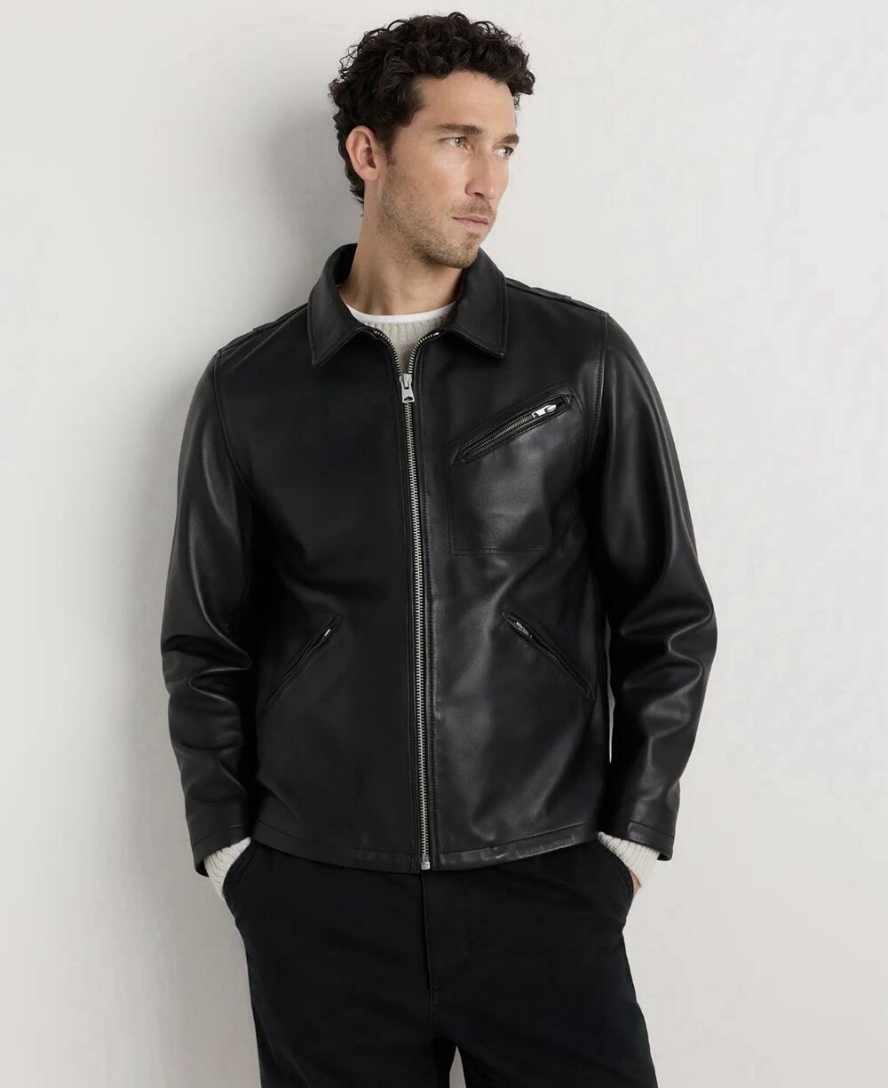 NWT QUINCE 100% Washed Leather Moto Jacket •Men L• True Black Motorcycle $200